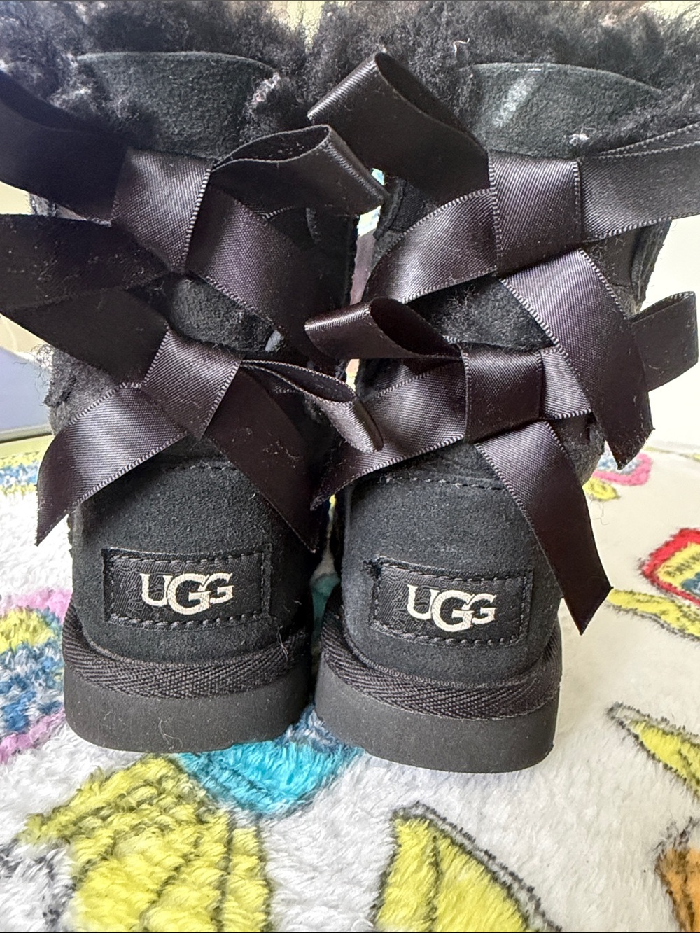 UGG Black Satin Bow Back Shearling Boots